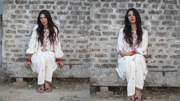 Sonam Bajwa in a stylish white floral suit