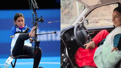 Sheetal Devi skillfully driving a car with her feet.