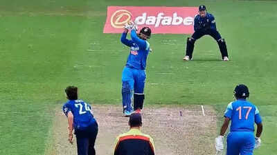 Vaibhav Suryavanshi smashes a six during his innings