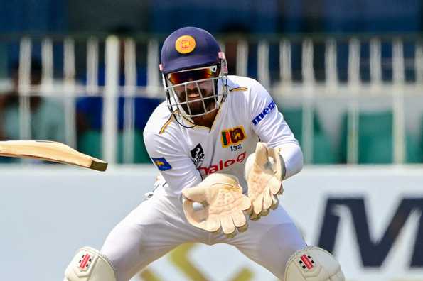 Kusal Mendis acknowledging Pathum Nissanka's superb batting performance.