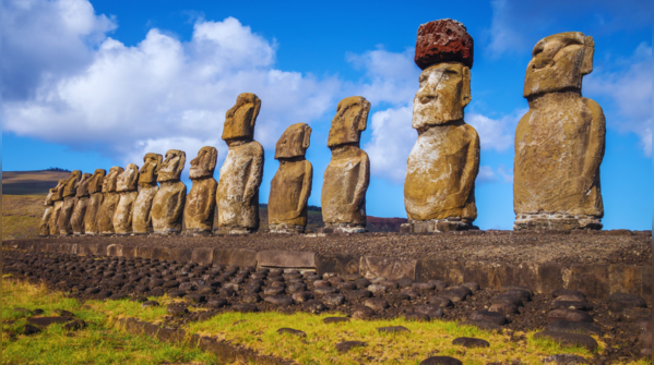 Mysterious Moai statues standing guard on Easter Island.