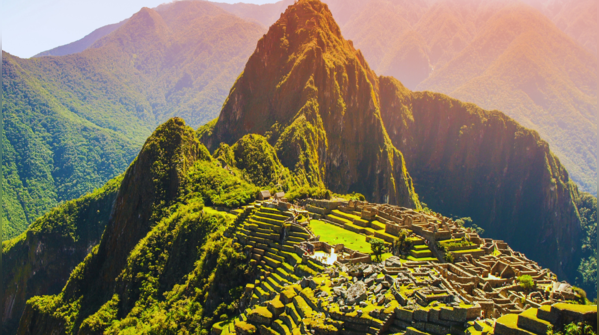 Breathtaking aerial view of Machu Picchu nestled in the Andes.