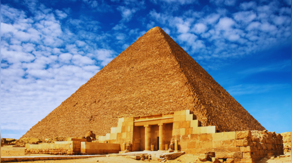 The majestic Pyramids of Giza standing tall in the desert.