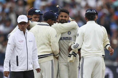 Akash Deep celebrates victory with teammates against England